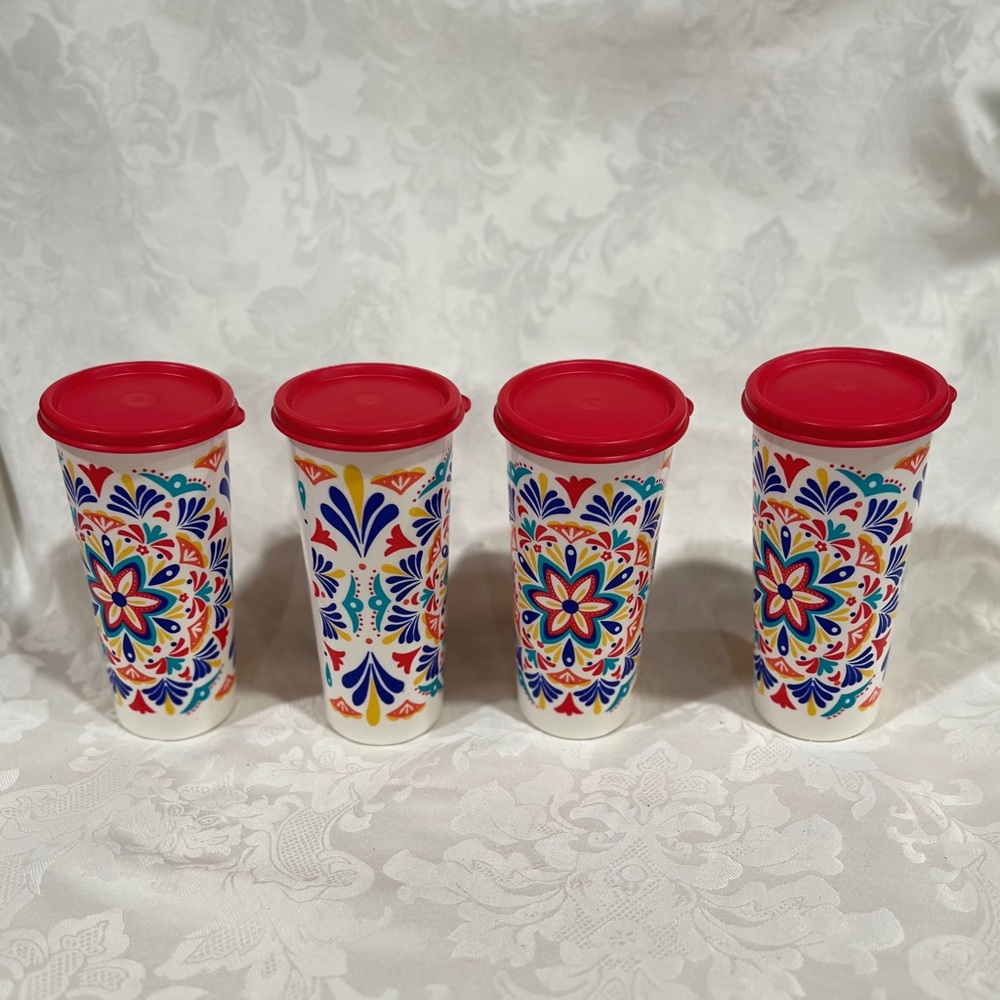 NWOT Tupperware Colorful Floral Travel Tumblers with Red Seals (LAST one)